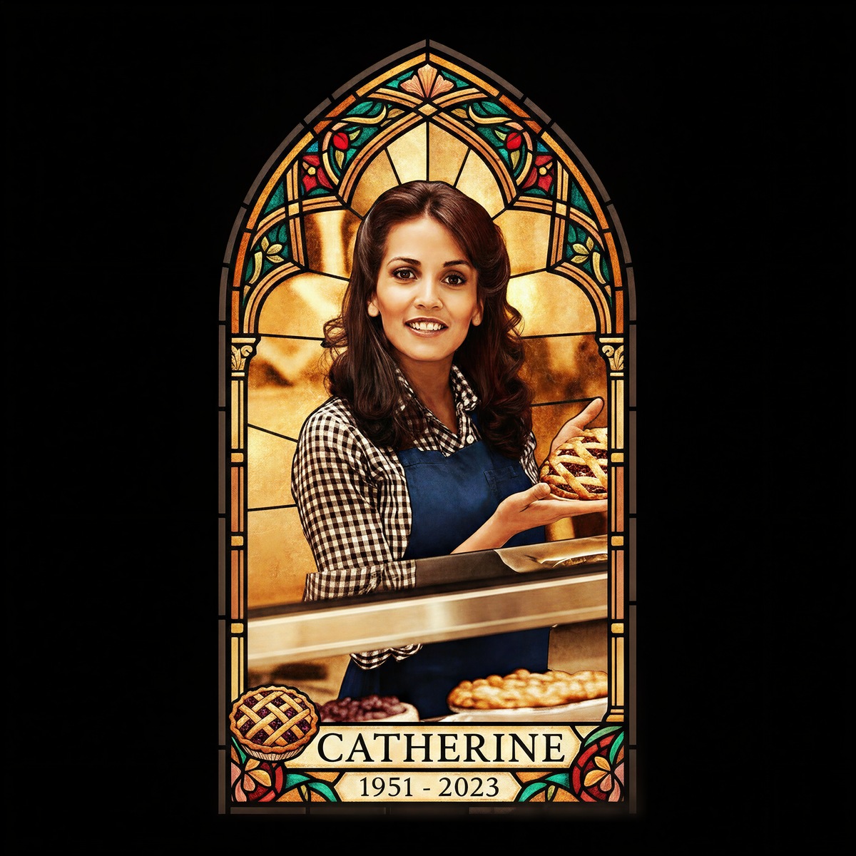 Stained glass memorial artwork of Catherine in her bakery