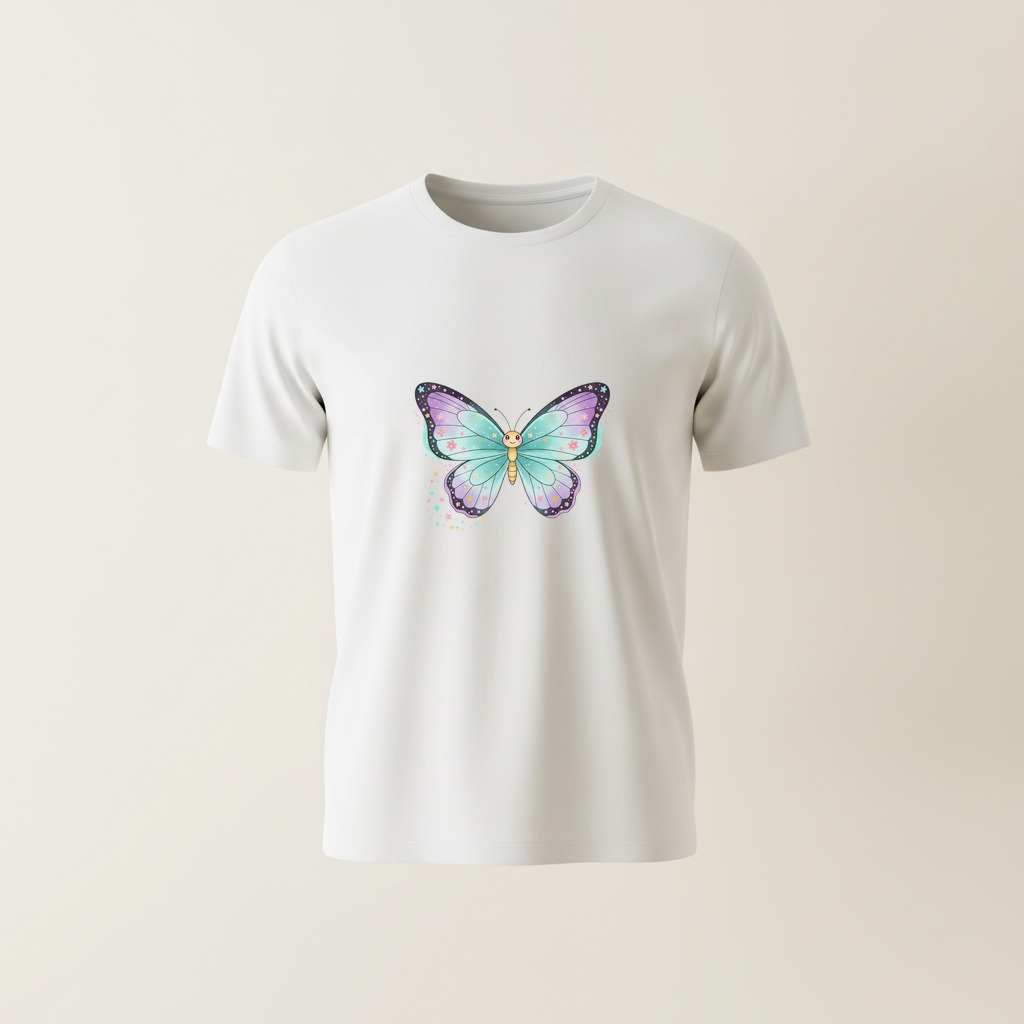 Whimsical pastel butterfly design on a white t-shirt