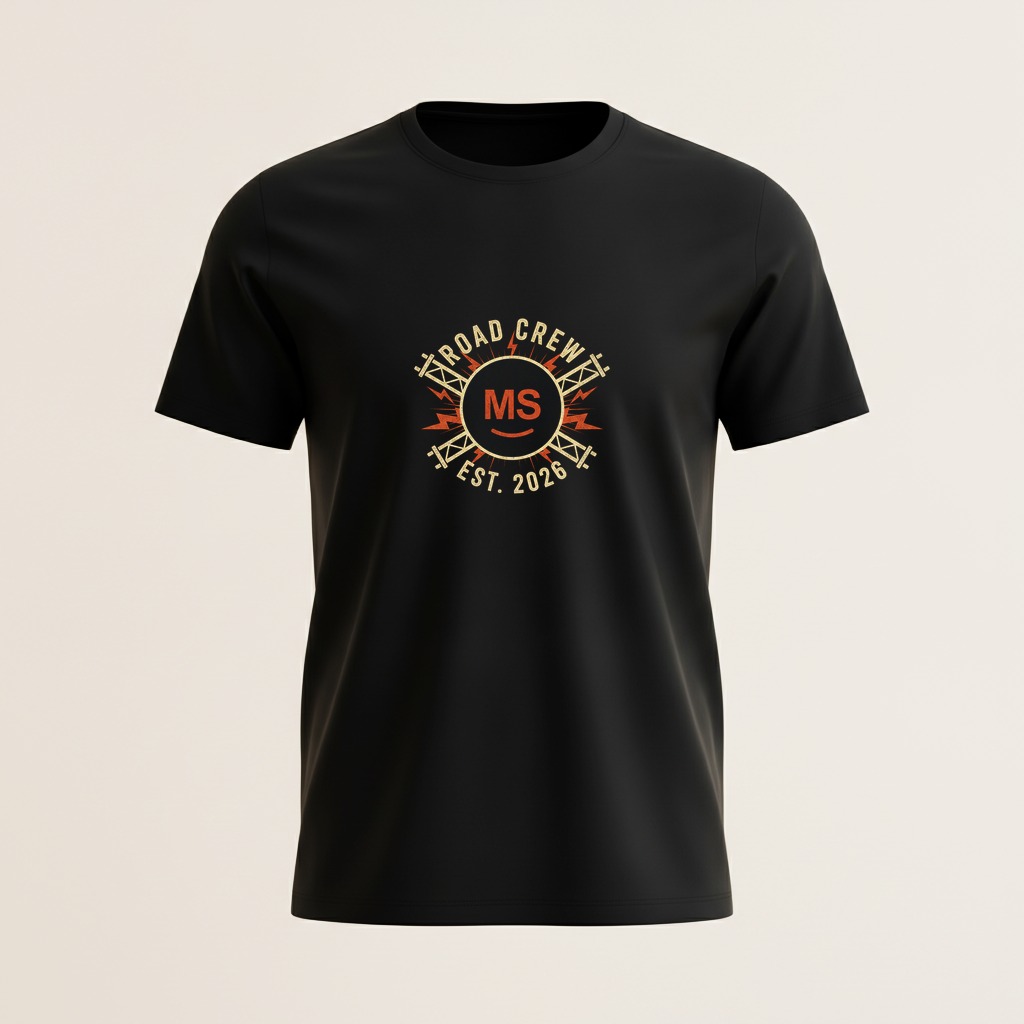 Road crew emblem built around an uploaded company logo on a black t-shirt