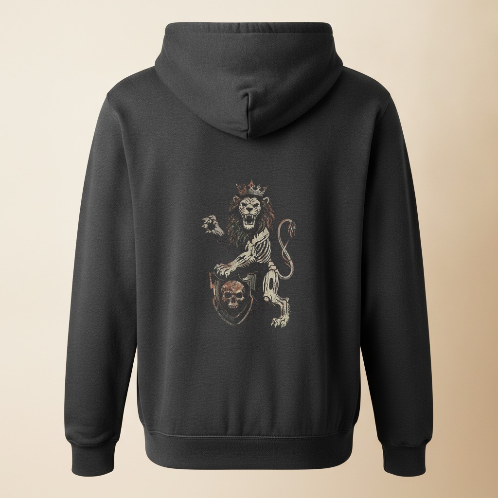 Zombie lion design on the back of a charcoal hoodie