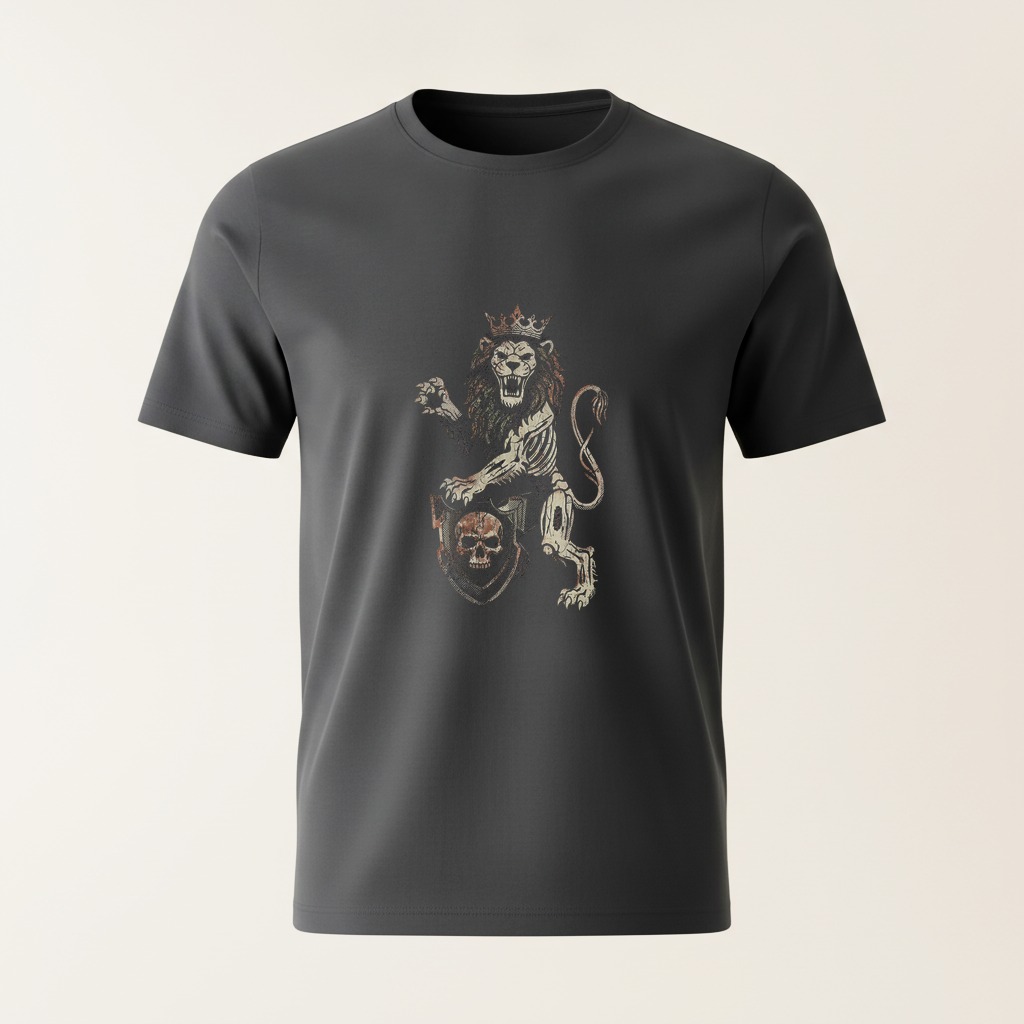 Heraldic zombie lion with crown and skull shield on a charcoal t-shirt
