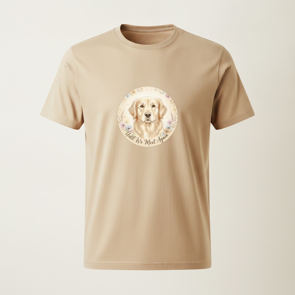 Watercolor golden retriever memorial design with script text on a sand t-shirt
