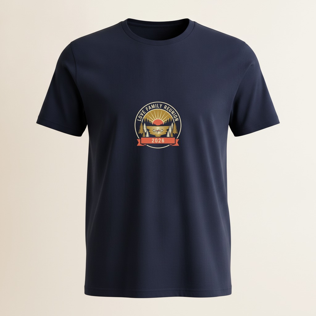 Retro lake badge reading Love Family Reunion 2026 on a navy t-shirt